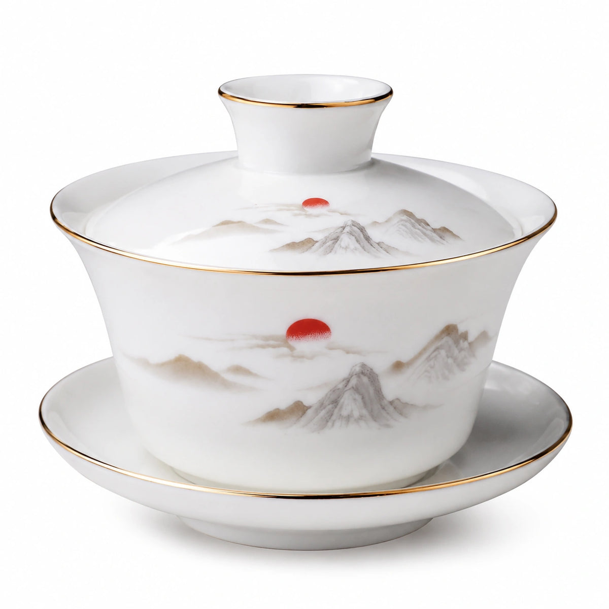 Tazza Gaiwan 150 ml in porcellana bianca con decoro paesaggio e bordo dorato