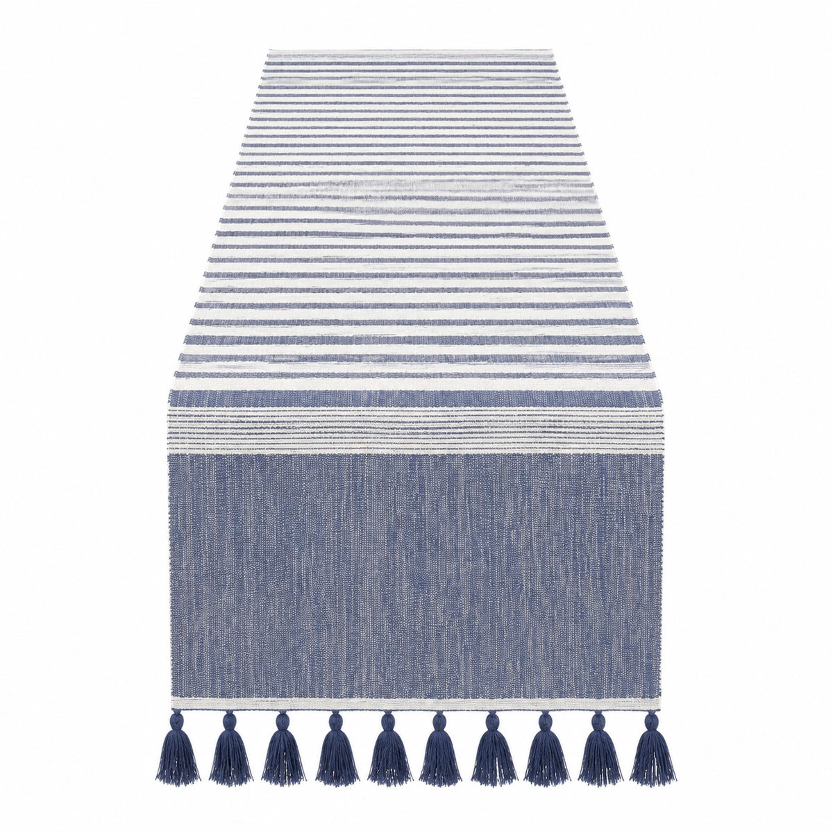 Runner da tavola 180 x 40 cm in cotone blu e bianco a righe con nappe