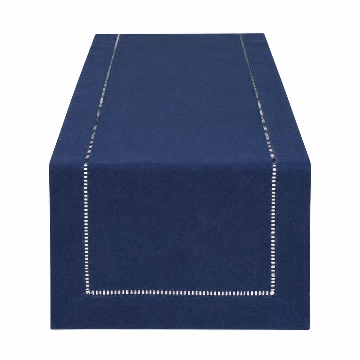 Runner da tavola 180 x 35 cm in tessuto blu navy con bordi decorativi stile moderno