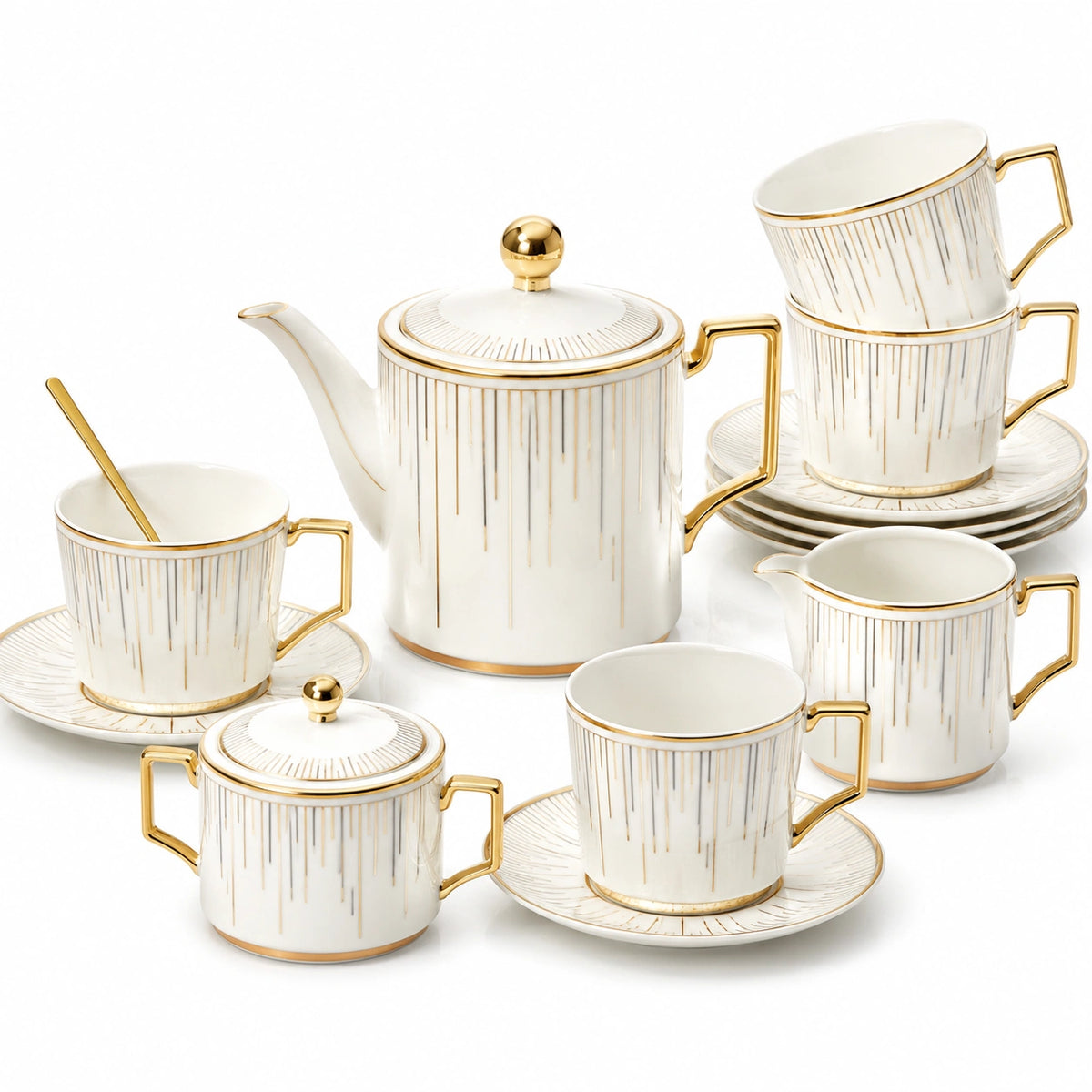 Servizio da tè in porcellana 4 persone bianco e oro con teiera 1200 ml stile elegante