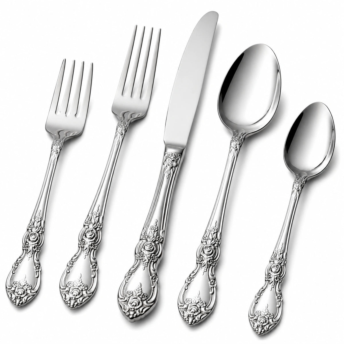 Set posate da tavola 5 pezzi 14-23 cm in acciaio inox argento con decoro floreale