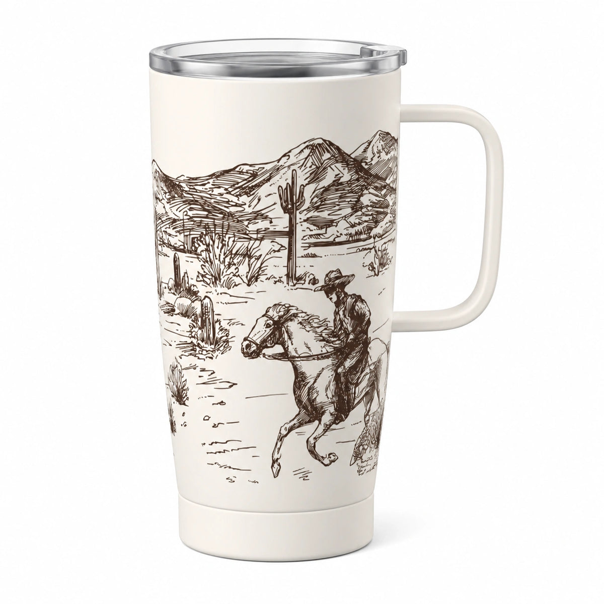 Tazza da viaggio 450 ml in ceramica bianca con coperchio e manico - motivo western